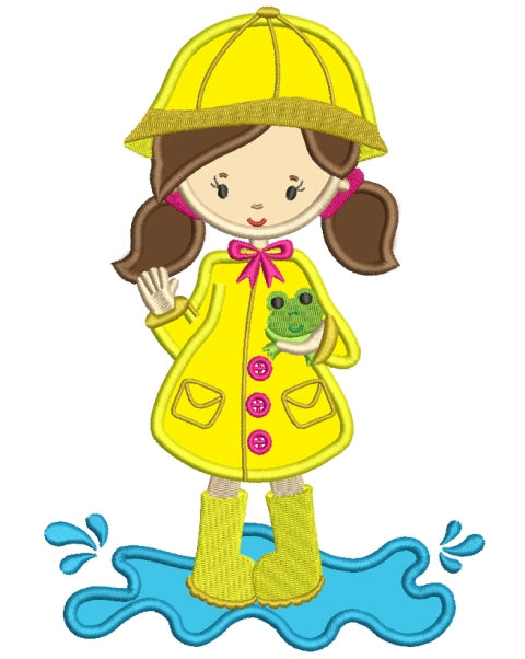 Little Girl Wearing Rain Coast Holding a Frog Applique Machine Embroidery Digitized Design Pattern