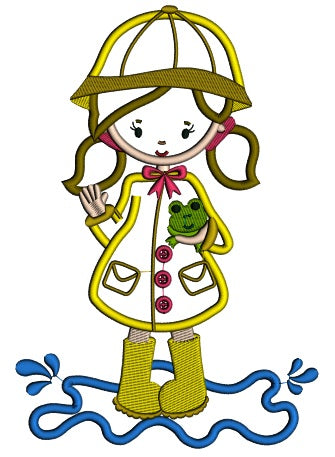 Little Girl Wearing Rain Coast Holding a Frog Applique Machine Embroidery Digitized Design Pattern