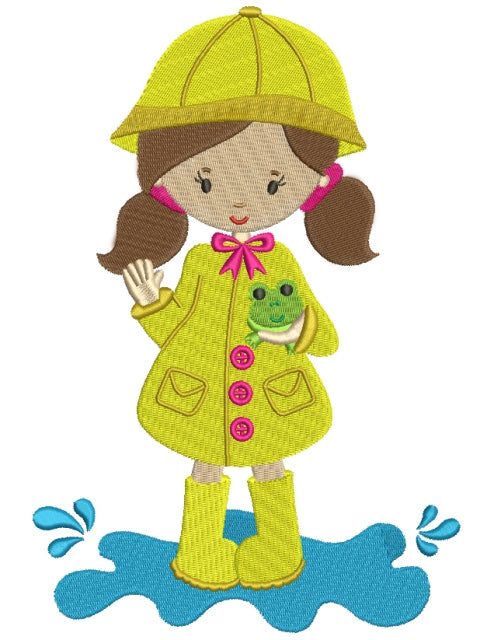 Little Girl Wearing Rain Coast Holding a Frog Filled Machine Embroidery Digitized Design Pattern