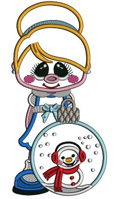 Little Girl With Blue Dress Holding Snowman Christmas Ornament Applique Machine Embroidery Design Digitized Pattern