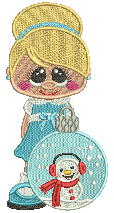 Little Girl With Blue Dress Holding Snowman Christmas Ornament Filled Machine Embroidery Design Digitized Pattern