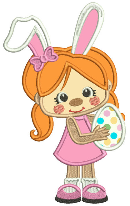 Little Girl With Bunny Ears Holding Easter Egg Applique Machine Embroidery Design Digitized Pattern