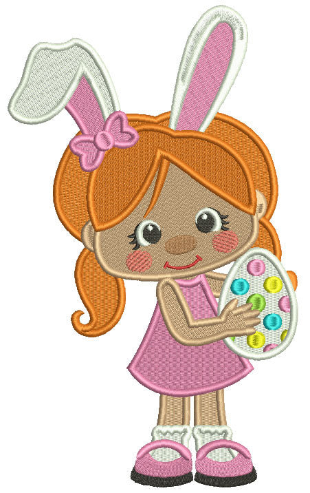 Little Girl With Bunny Ears Holding Easter Egg Filled Machine Embroidery Design Digitized Pattern