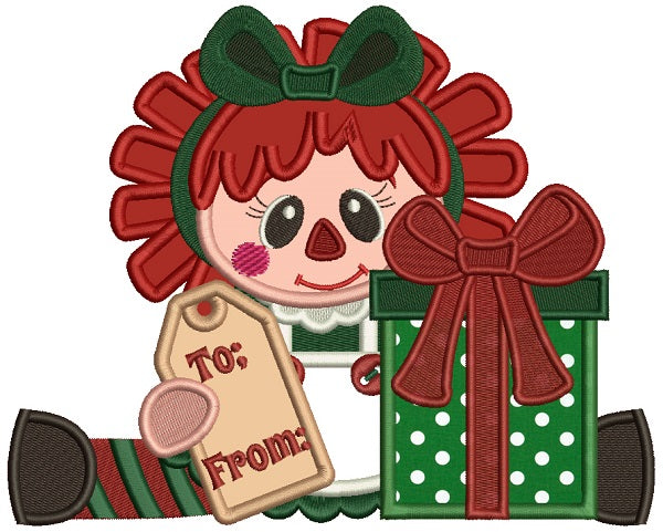 Little Girl With Presents To From Christmas Applique Machine Embroidery Design Digitized Pattern
