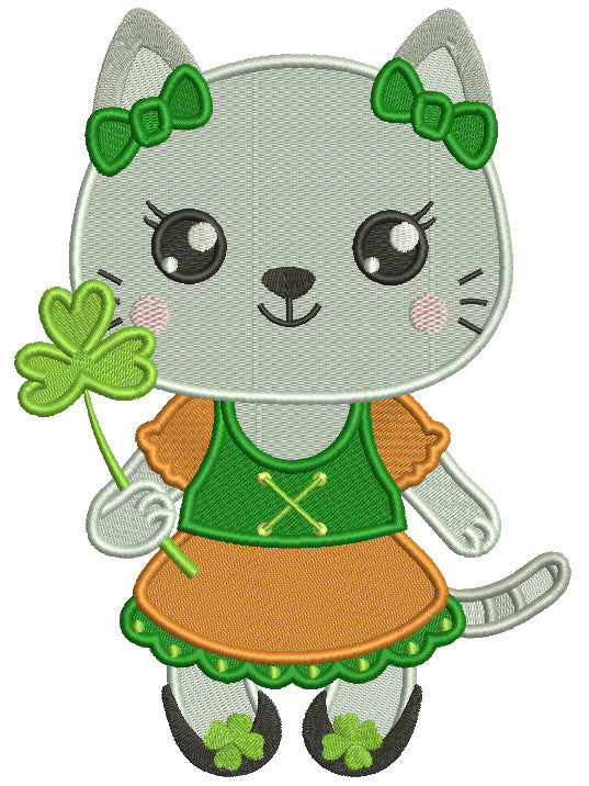 Little Kitten Holding Shamrock St.Patrick's Day Filled Machine Embroidery Design Digitized Pattern