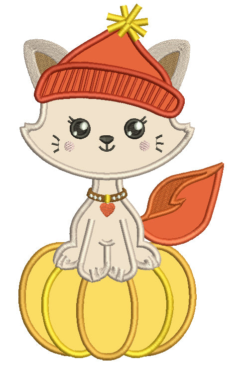 Little Kitten Sitting On The Pumpkin Fall Applique Machine Embroidery Design Digitized Pattern