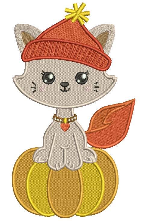 Little Kitten Sitting On The Pumpkin Fall Filled Machine Embroidery Design Digitized Pattern