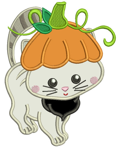 Little Kitten Wearing Pumpkin Hat Thanksgiving Applique Machine Embroidery Design Digitized Pattern