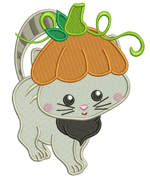Little Kitten Wearing Pumpkin Hat Thanksgiving Filled Machine Embroidery Design Digitized Pattern