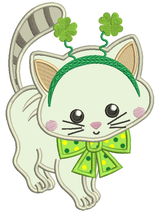 Little Kitten Wearing Shamrock Tiara St. Patricks Day Applique Machine Embroidery Design Digitized Pattern