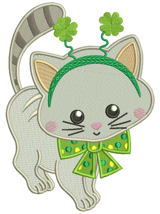 Little Kitten Wearing Shamrock Tiara St. Patricks Day Filled Machine Embroidery Design Digitized Pattern