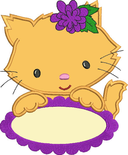 Little Kitten with Oval Table Applique Machine Embroidery Digitized Design Pattern