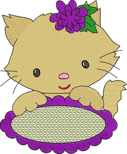 Little Kitten with Oval Table Filled Machine Embroidery Digitized Design Pattern