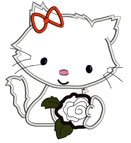 Little Kitten with a Rose Applique Machine Embroidery Digitized Design Pattern