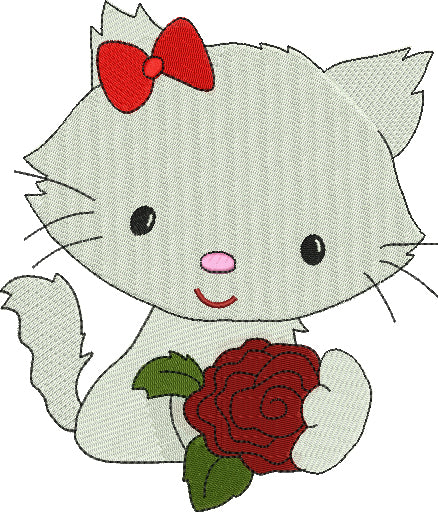 Little Kitten with a Rose Filled Machine Embroidery Digitized Design Pattern