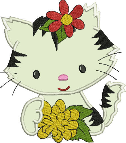 Little Kitten with a big flower Applique Machine Embroidery Digitized Design Pattern