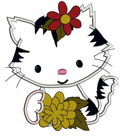 Little Kitten with a big flower Applique Machine Embroidery Digitized Design Pattern