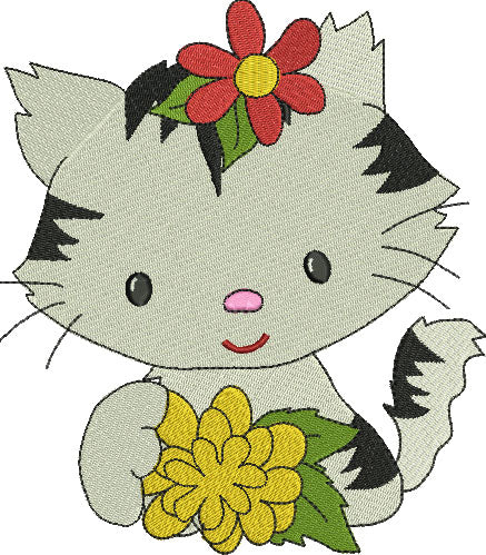 Little Kitten with a big flower Filled Machine Embroidery Digitized Design Pattern
