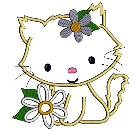 Little Kitten with a flower Applique Machine Embroidery Digitized Design Pattern