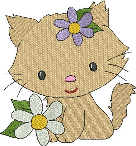 Little Kitten with a flower Filled Machine Embroidery Digitized Design Pattern