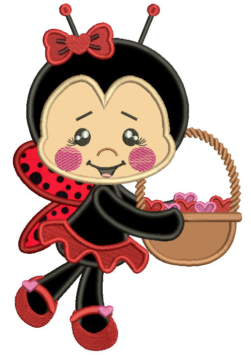 Little Ladybug Holding a Basket Full Of Hearts Applique Machine Embroidery Design Digitized Pattern