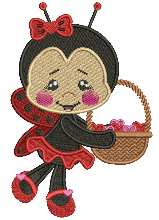Little Ladybug Holding a Basket Full Of Hearts Filled Machine Embroidery Design Digitized Pattern