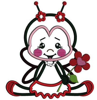 Little Ladybug Holding a Flower Applique Machine Embroidery Design Digitized Pattern