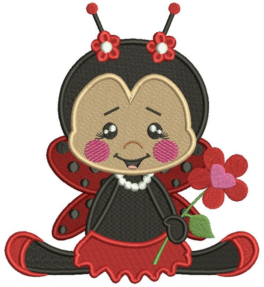 Little Ladybug Holding a Flower Filled Machine Embroidery Design Digitized Pattern