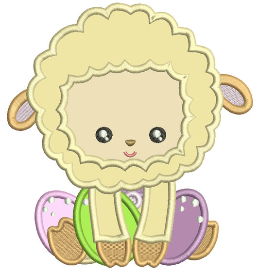 Little Lamb Sitting With Easter Eggs Applique Machine Embroidery Design Digitized Pattern