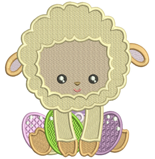 Little Lamb Sitting With Easter Eggs Filled Machine Embroidery Design Digitized Pattern