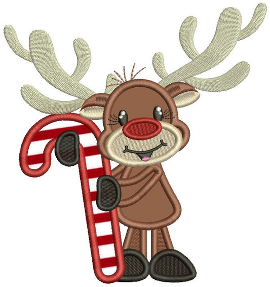 Little Moose Holding Big Candy Cane Christmas Applique Machine Embroidery Design Digitized Pattern