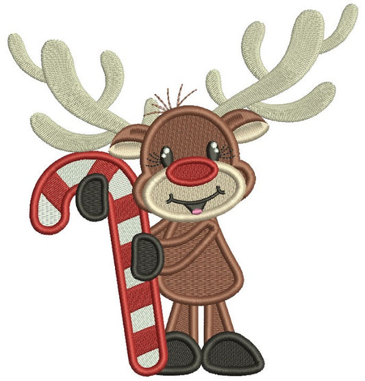 Little Moose Holding Big Candy Cane Christmas Filled Machine Embroidery Design Digitized Pattern