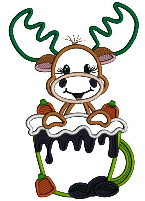 Little Moose Holding a Coffee Cup Fall Thanksgiving Applique Machine Embroidery Design Digitized Pattern