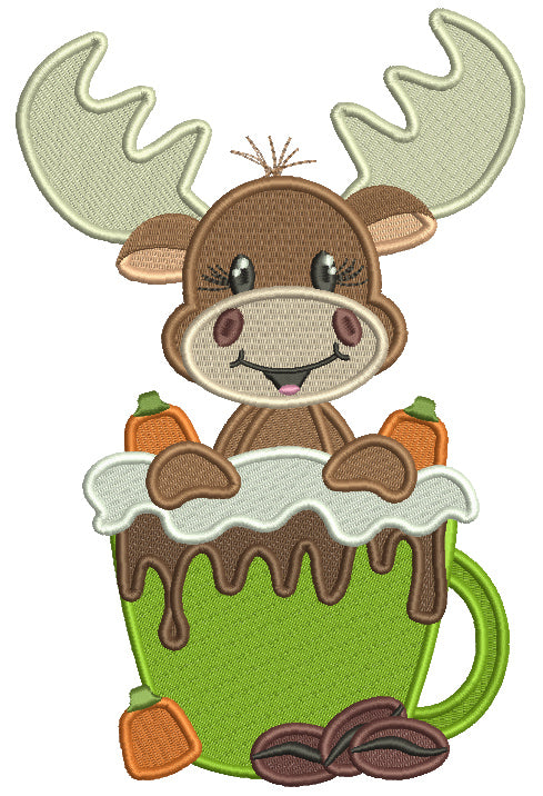 Little Moose Holding a Coffee Cup Fall Thanksgiving Filled Machine Embroidery Design Digitized Pattern