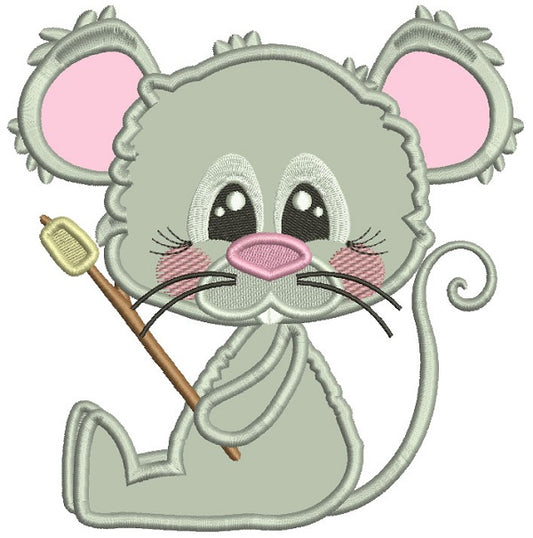 Little Mouse Holding Marshmallow On The Stick Applique Machine Embroidery Design Digitized Pattern