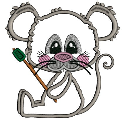 Little Mouse Holding Marshmallow On The Stick Applique Machine Embroidery Design Digitized Pattern