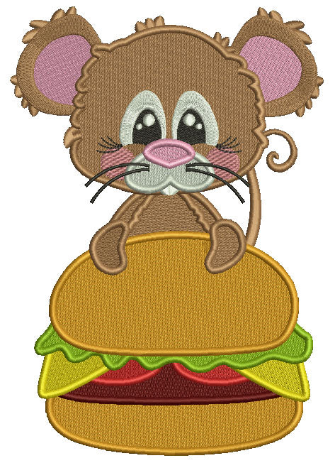 Little Mouse Holding a Big Hamburger Filled Machine Embroidery Design Digitized Pattern