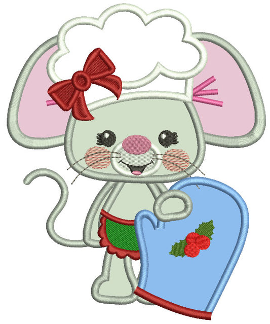 Little Mouse Holding a Mitten Applique Machine Embroidery Design Digitized Pattern