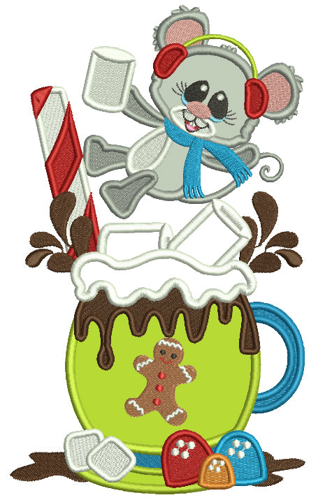 Little Mouse On the Cup Of Cocoa Cup Applique Christmas Machine Embroidery Design Digitized Pattern