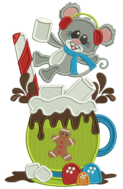 Little Mouse On the Cup Of Cocoa Cup Filled Christmas Machine Embroidery Design Digitized Pattern