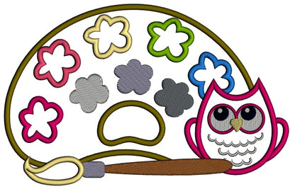 Little Owl Artist With Color Pallet and Paint Brush Applique Machine Embroidery Digitized Design Pattern