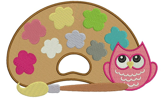 Little Owl Artist With Color Pallet and Paint Brush Filled Machine Embroidery Digitized Design Pattern