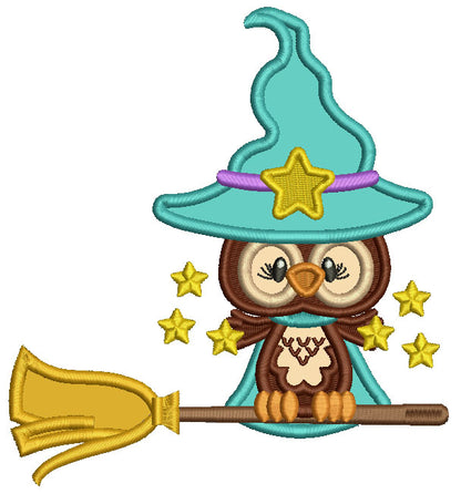 Little Owl Wizard On The Broom With Stars Applique Halloween Machine Embroidery Design Digitized Pattern