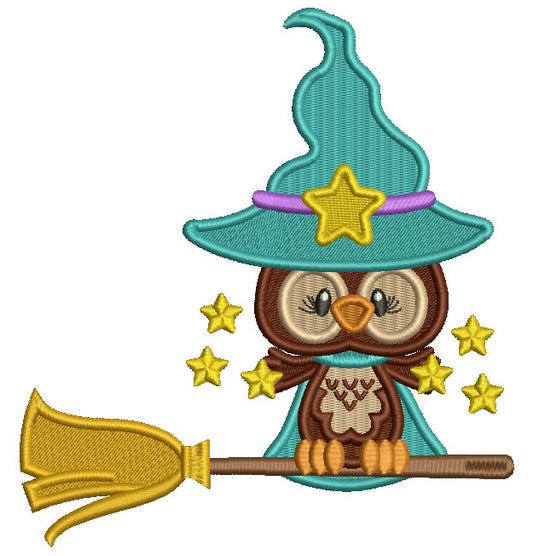 Little Owl Wizard On The Broom With Stars Filled Halloween Machine Embroidery Design Digitized Pattern