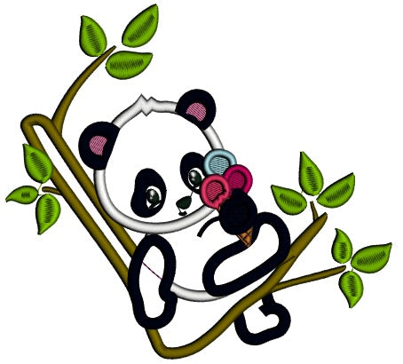 Little Panda Sitting On The Branch Applique Machine Embroidery Design Digitized Pattern