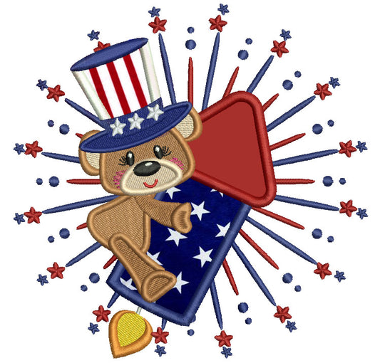 Little Patriotic Bear On a Big Rocket Applique Machine Embroidery Design Digitized Pattern