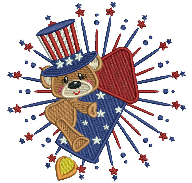 Little Patriotic Bear On a Big Rocket Filled Machine Embroidery Design Digitized Pattern