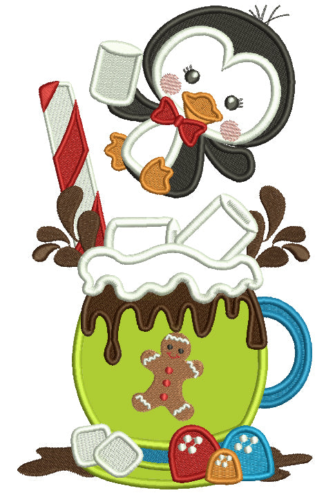 Little Penguin Drinking Hot Cocoa Christmas Applique Machine Embroidery Design Digitized Pattern