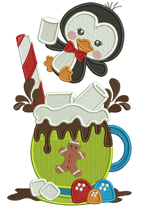 Little Penguin Drinking Hot Cocoa Christmas Filled Machine Embroidery Design Digitized Pattern