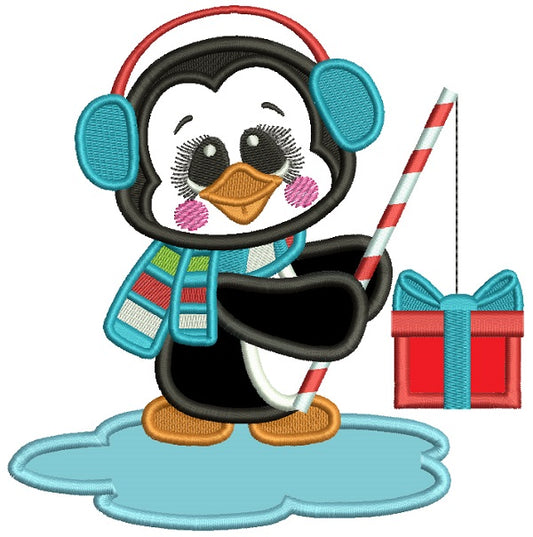 Little Penguin Fishing For Presents Christmas Applique Machine Embroidery Design Digitized Pattern